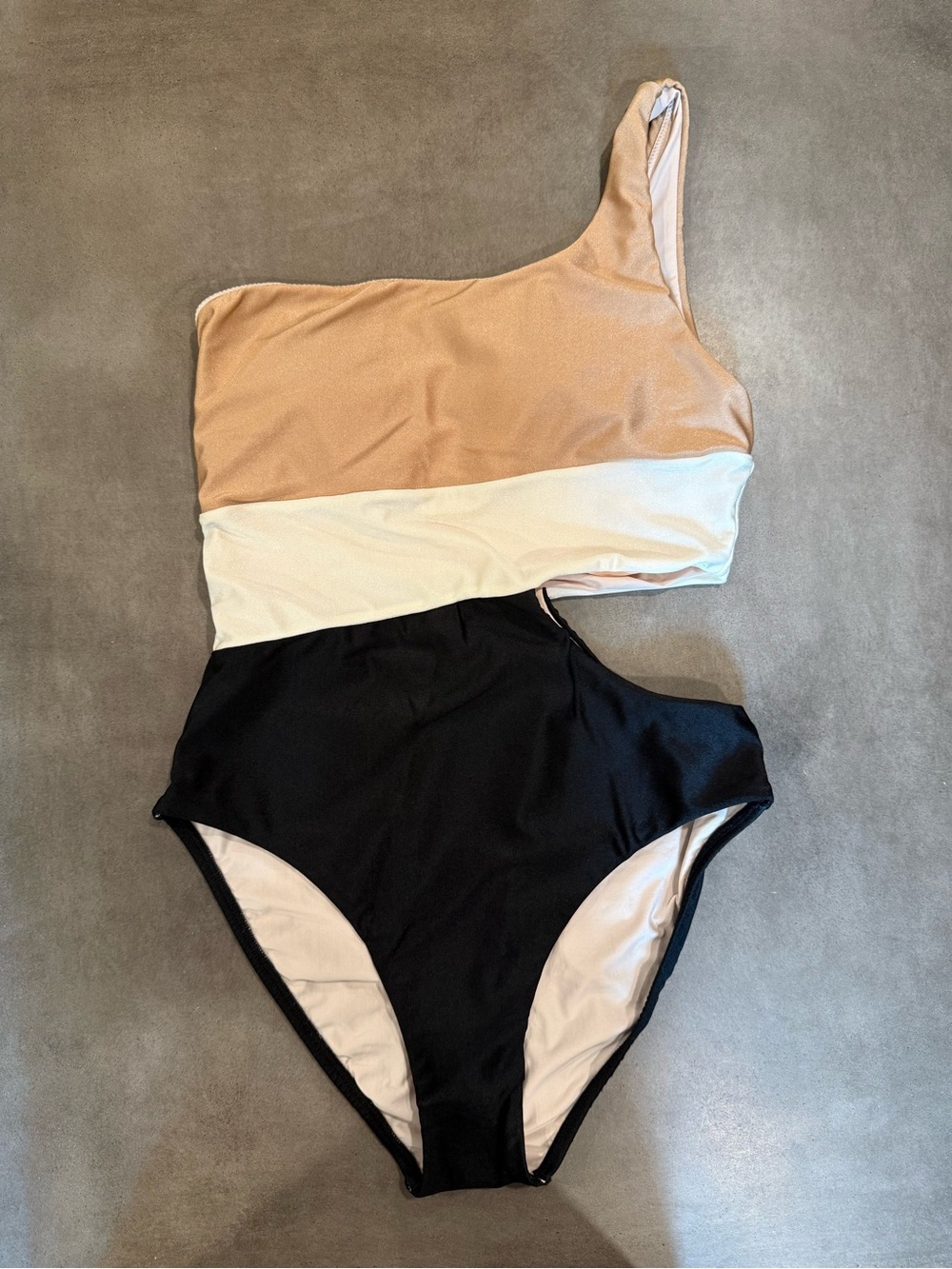 Pilyq One-Shoulder Colorblock One-Piece in Beige, White & Black